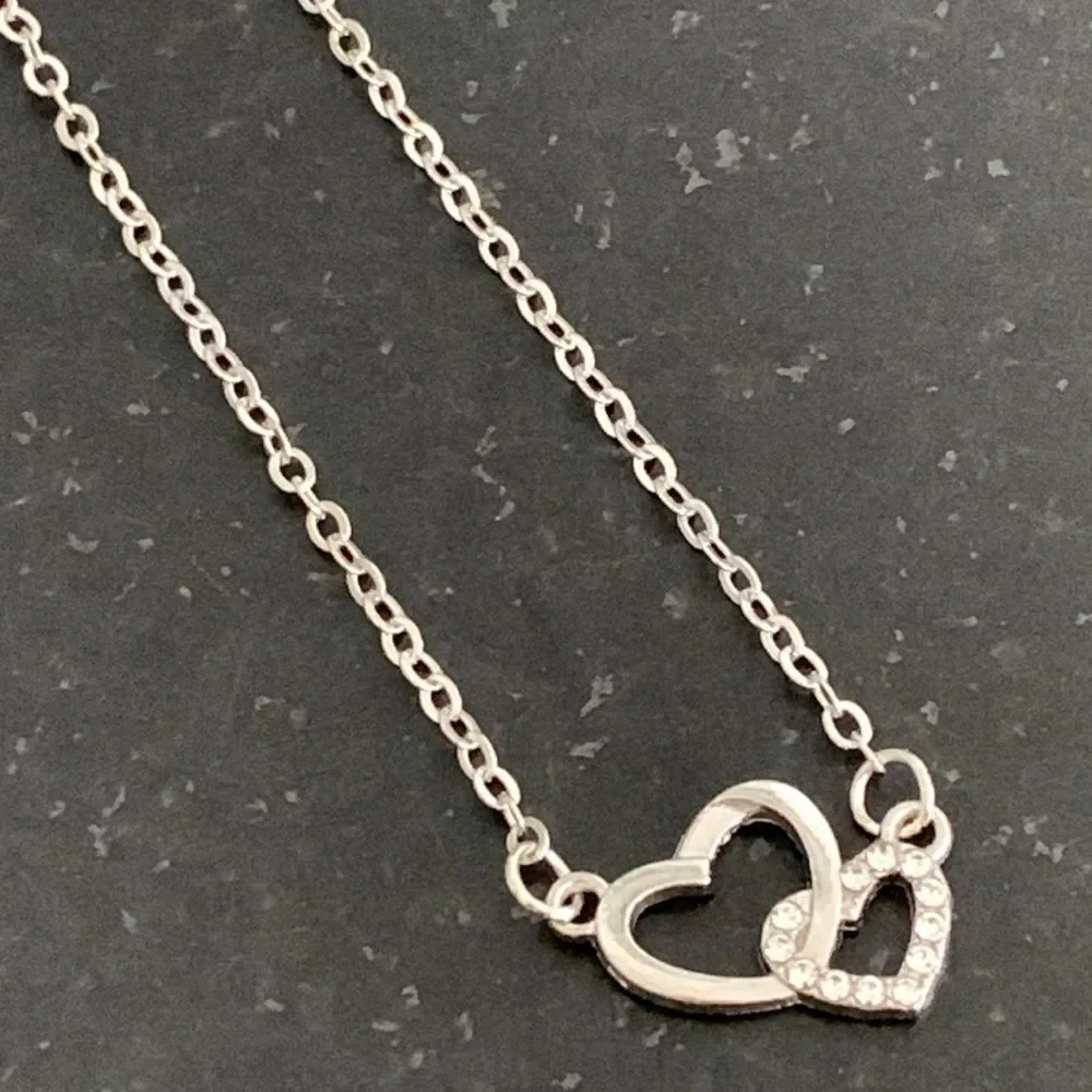 Interlocking Double Hearts Silver Tone Necklace with Rhinestones